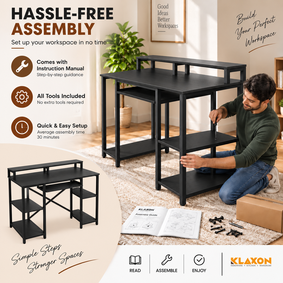 Klaxon Computer Table for Home Office with Keyboard Tray and Monitor Stand, Engineered Wood Study Table and Gaming Desk with Storage Shelves ( DIY )