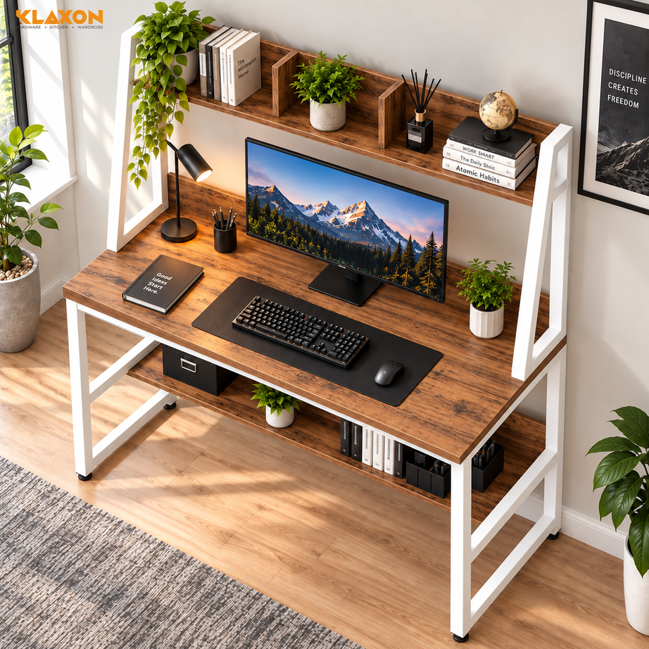 Klaxon L Shaped Study Table for Students and Adults/Computer Table for Home-Office/Gaming Table/computer desk for corner - Wood & Metal (TBS tower  White, DIY Installation)