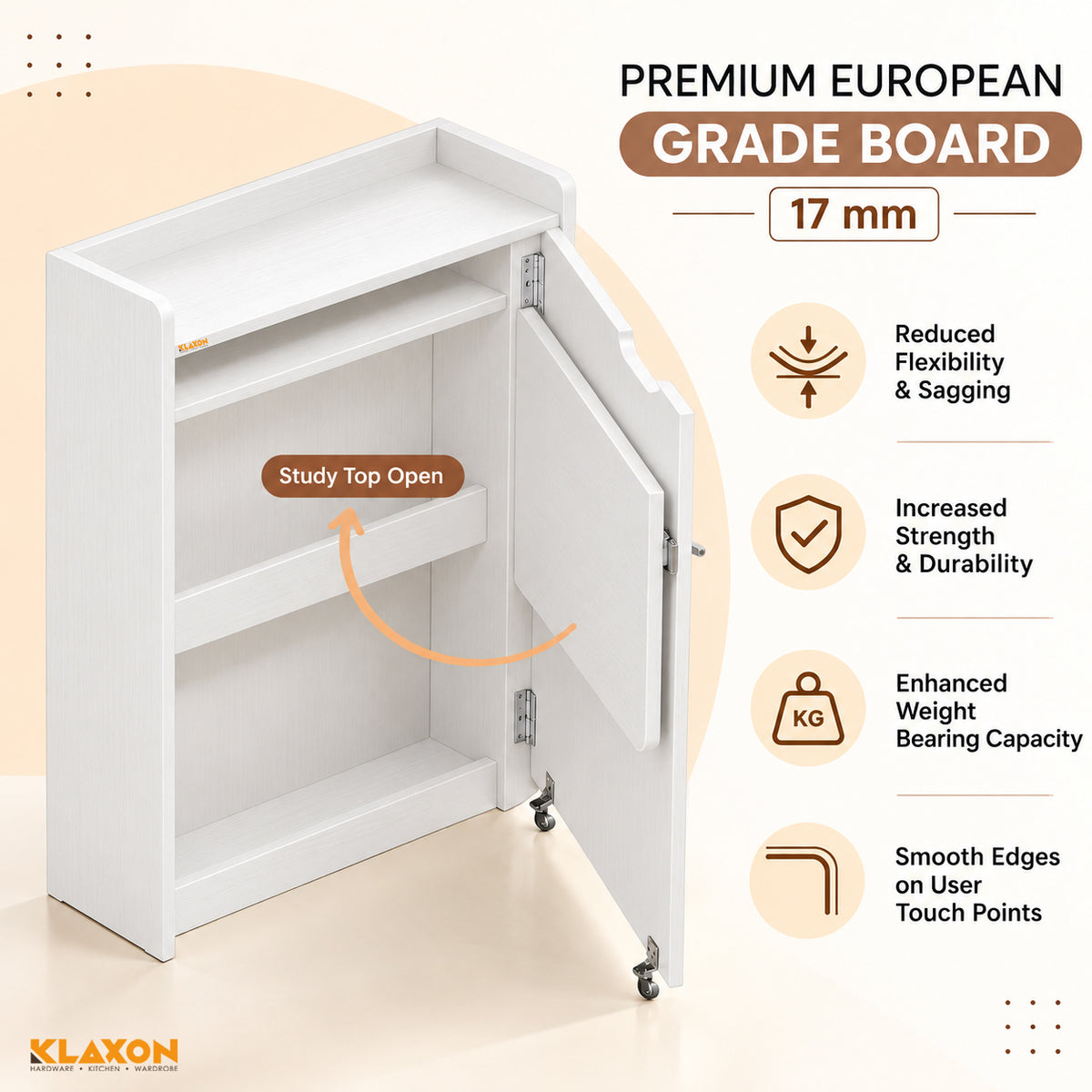 Klaxon Foldable Study Table with Drawer & Storage Shelf | Compact Desk for Home & Students | Folding Design with Lockable Wheels. (White, DIY Installation)