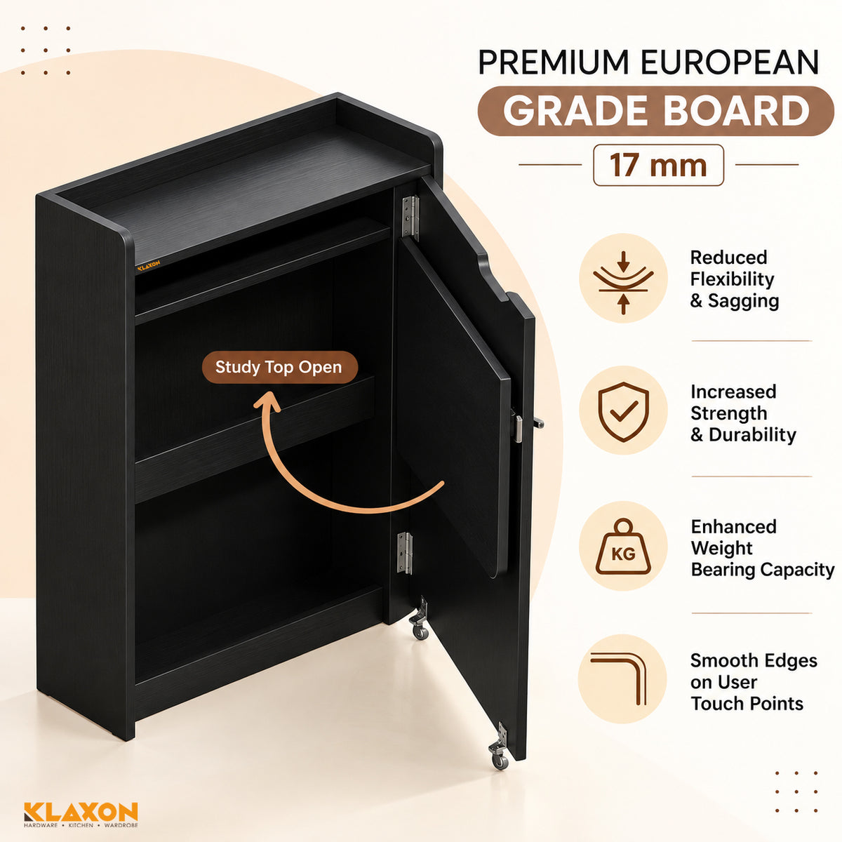 Klaxon Foldable Study Table with Drawer & Storage Shelf | Compact Desk for Home & Students | Folding Design with Lockable Wheels. (Black, DIY Installation)