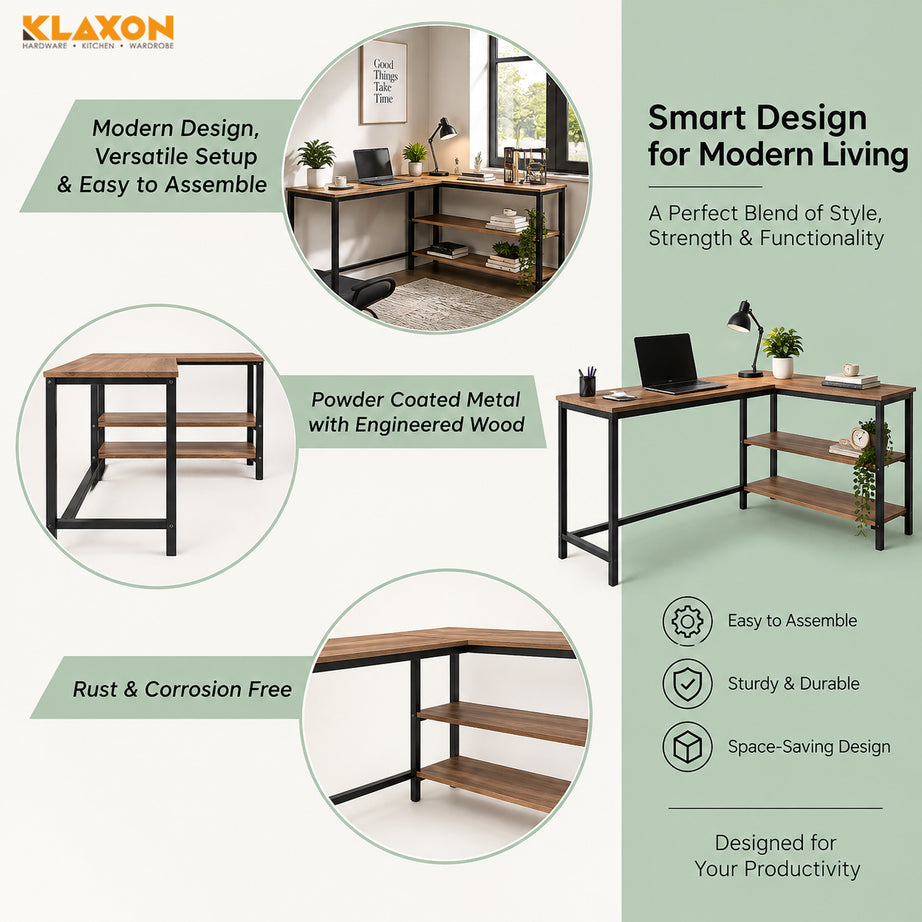 Klaxon Workstation Table for Home Office - Versatile Desk for PC Setup - Big Computer/Ideal Study Table with Storage and Bookshelf - Engineered Wood Desk 120 cm (Forest Dark, Classic - DIY)