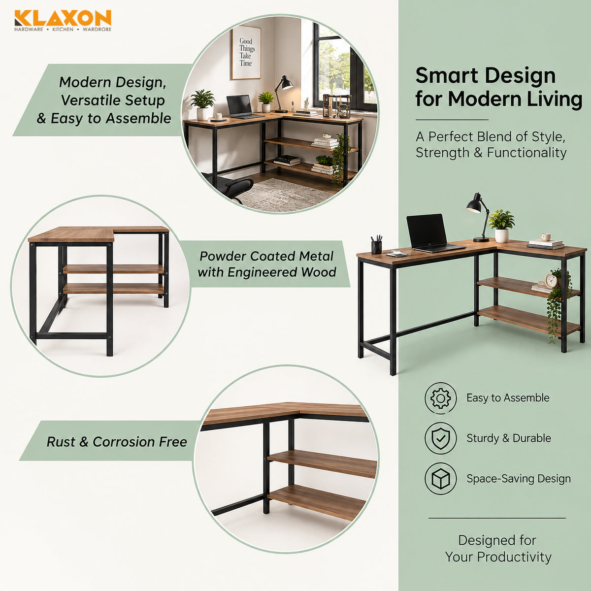 Klaxon Workstation Table for Home Office - Versatile Desk for PC Setup - Big Computer/Ideal Study Table with Storage and Bookshelf - Engineered Wood Desk 120 cm (Forest Dark, Classic - DIY)