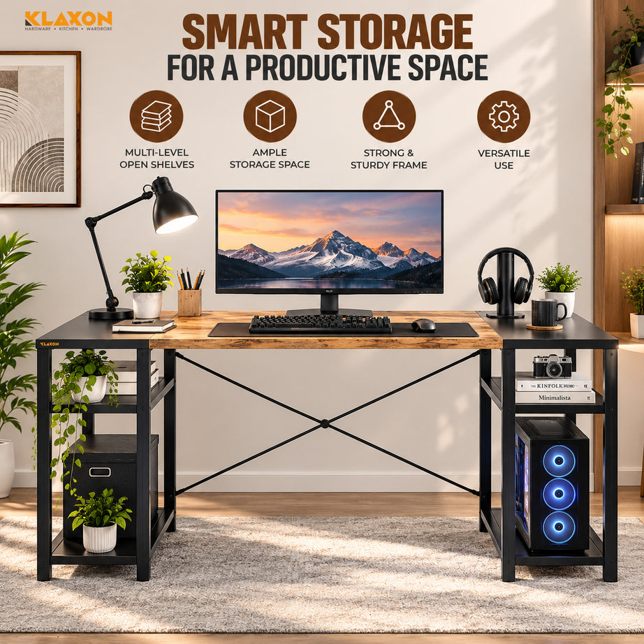 Klaxon Engineered Wood Iron Study Table, Multi-Usage Laptop Desk & Home Office (DIY Installation) (Forest Dark, Orbit) (Elite)