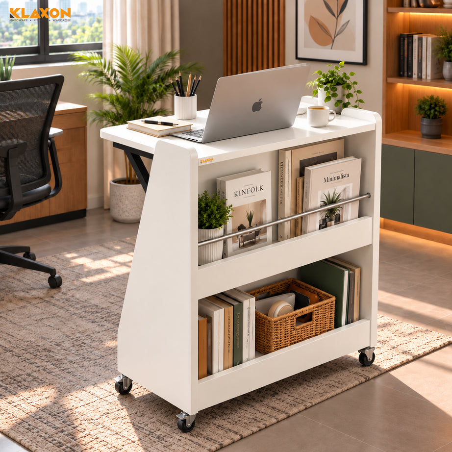 Klaxon Foldable Study Table with Drawer & Storage Shelf | Compact Desk for Home & Students | Folding Design with Lockable Wheels (DIY Installation) (White, Mylo)