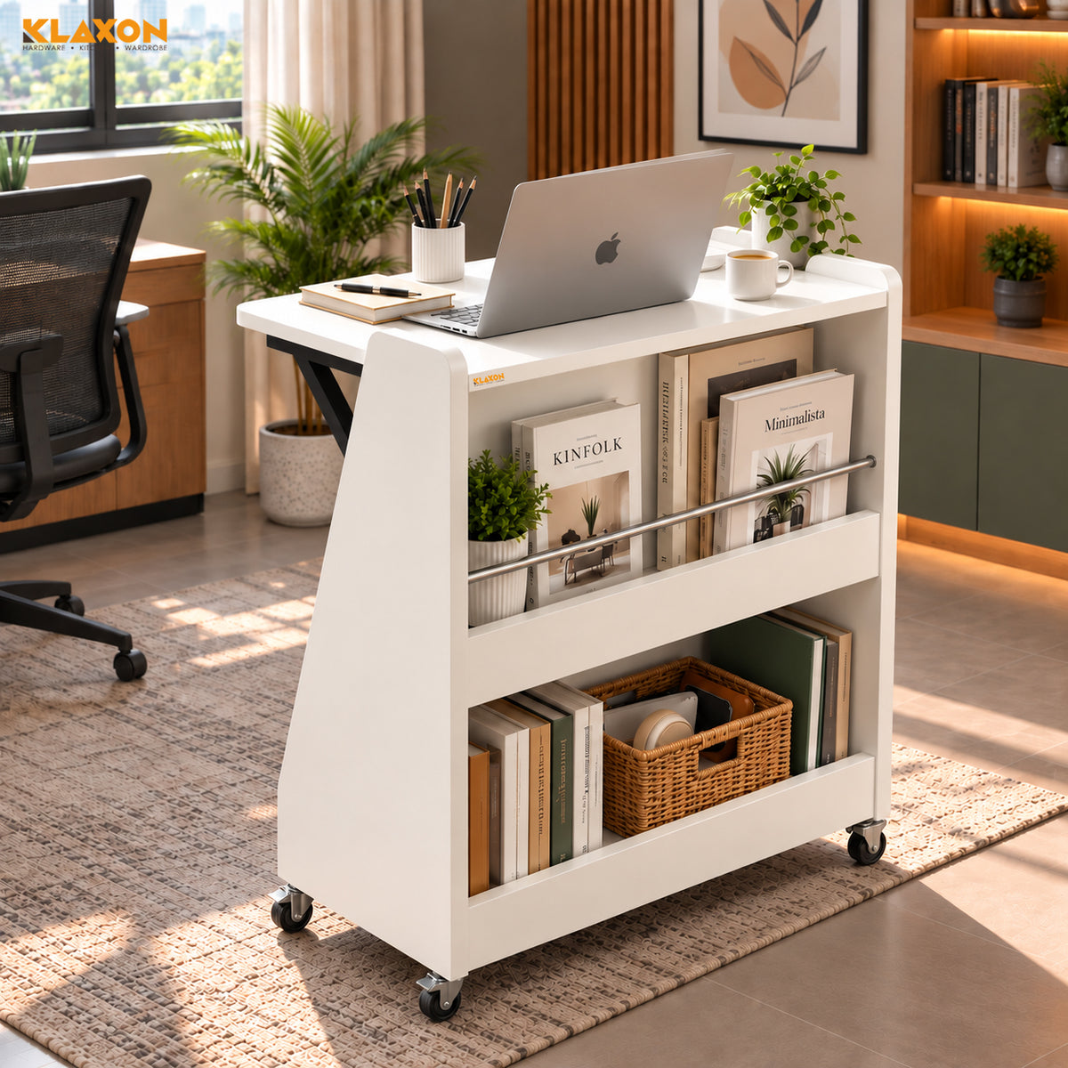 Klaxon Foldable Study Table with Drawer & Storage Shelf | Compact Desk for Home & Students | Folding Design with Lockable Wheels (DIY Installation) (White, Mylo)