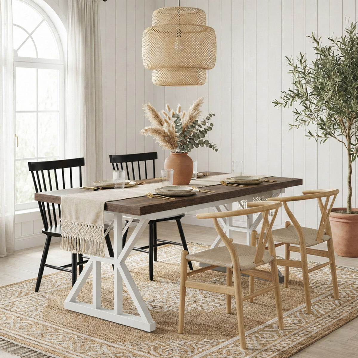 Klaxon Modern Dining Table for 6 Seater | Wooden Finish Dining Table with Sturdy White Metal Legs | Contemporary Dining Table for Home, Kitchen & Dining Room