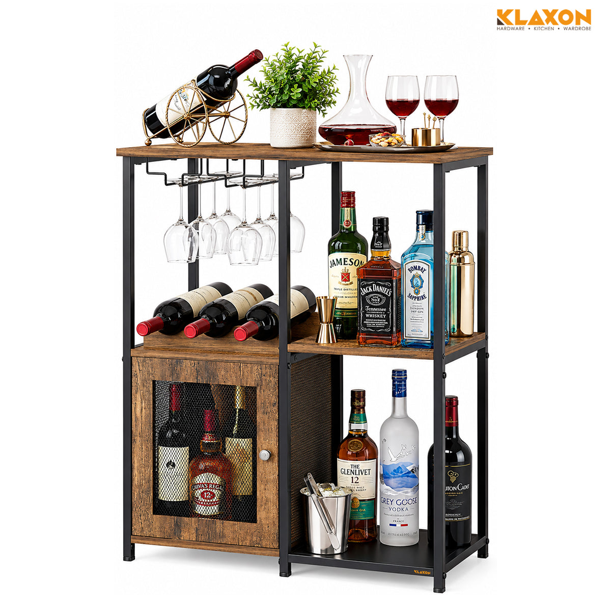 Klaxon Bar Cabinet for Home - Stylish Home Bar Cabinet with Elegant Serving Surface - Durable Bar Unit for Living Room - Spacious Shelves for Bottles & Glasses - Perfect Bar Counter/Table (xylo)