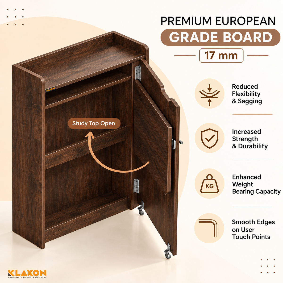Klaxon Foldable Study Table with Drawer & Storage Shelf | Compact Desk for Home & Students | Folding Design with Lockable Wheels. (DIY Installation) (Asian walnut)