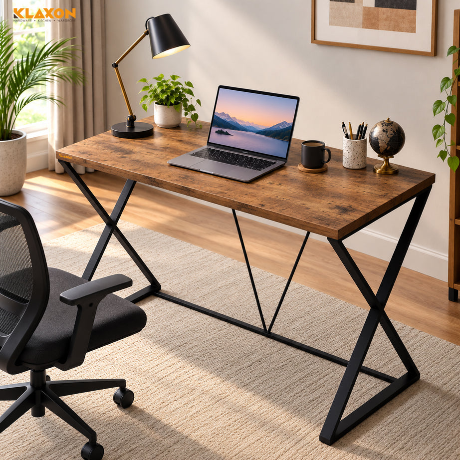 Klaxon Engineered Wood Iron Study Table, Multi-Usage Laptop Desk & Home Office (DIY Installation) (Forest Dark, Orbit) (Heli)