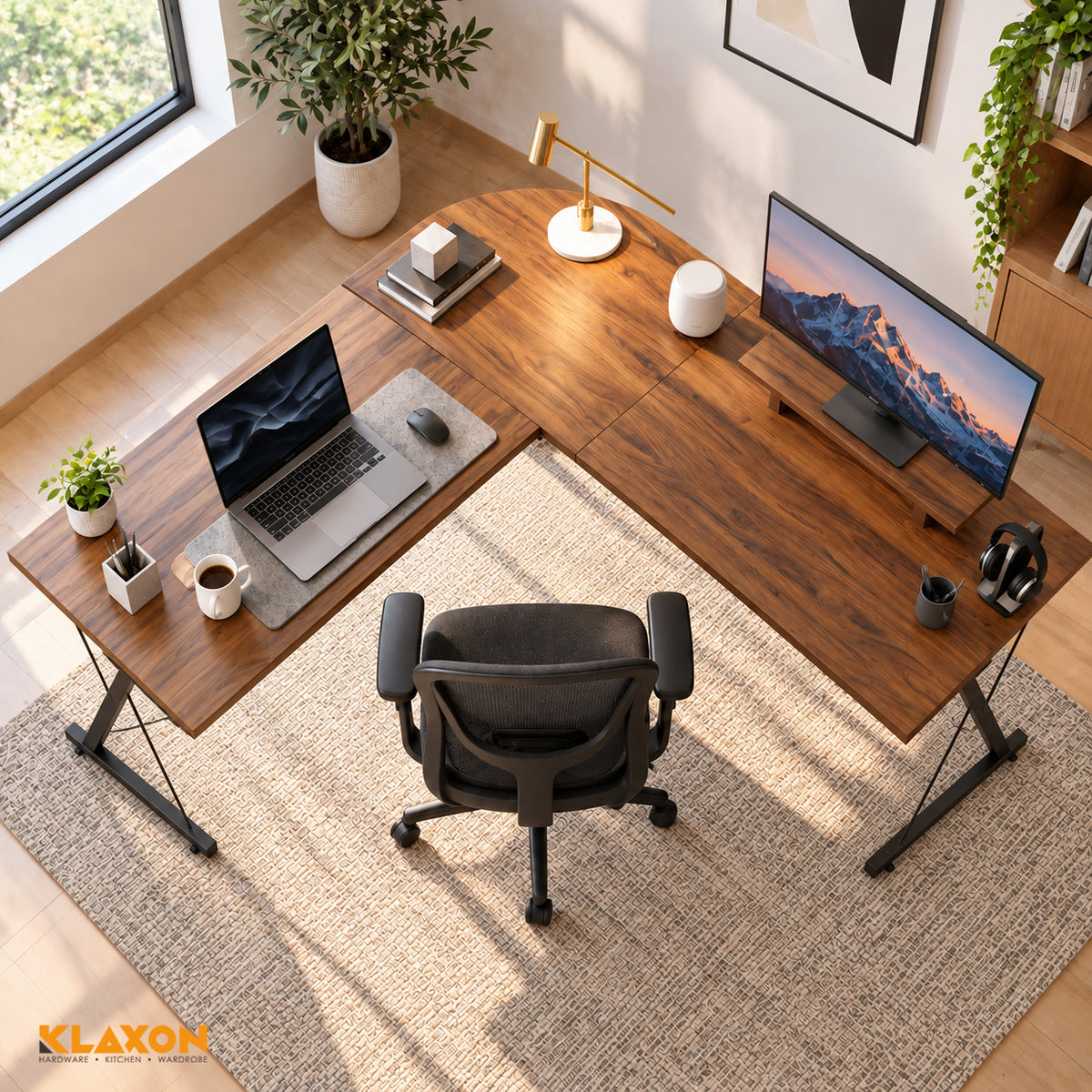 Klaxon Workstation Table for Home Office - Versatile Desk for PC Setup - Big Computer/Ideal Study Tabel with Storage and Bookshelf - Modern Office Desk for Work