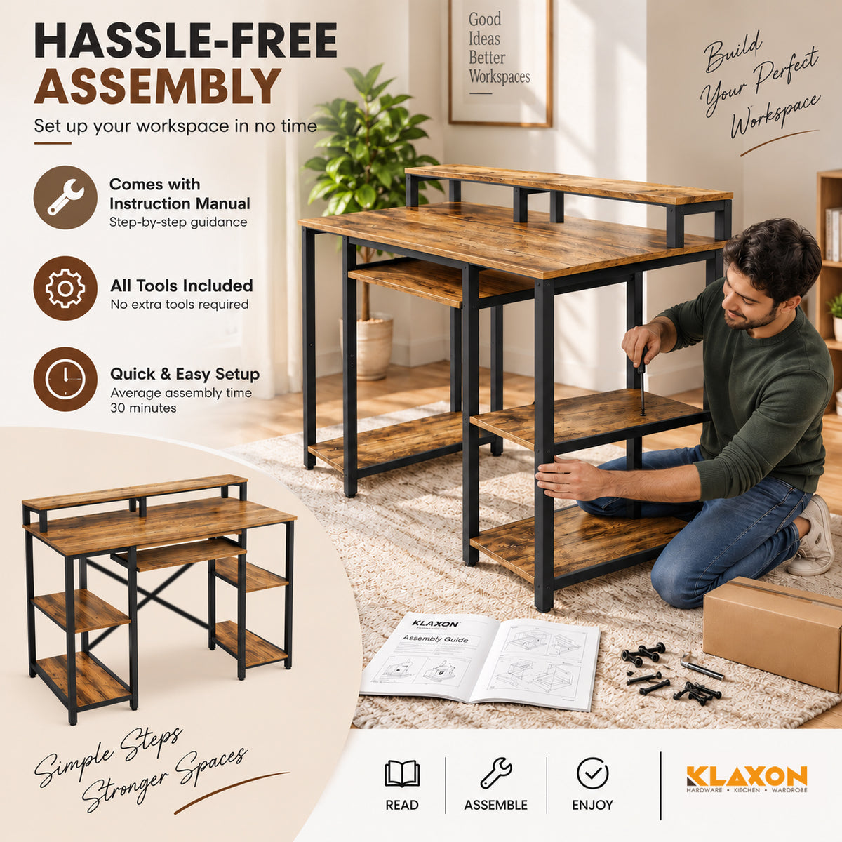 Klaxon Computer Table for Home Office with Keyboard Tray and Monitor Stand, Engineered Wood Study Table and Gaming Desk with Storage Shelves (120 CM - FD DIY)