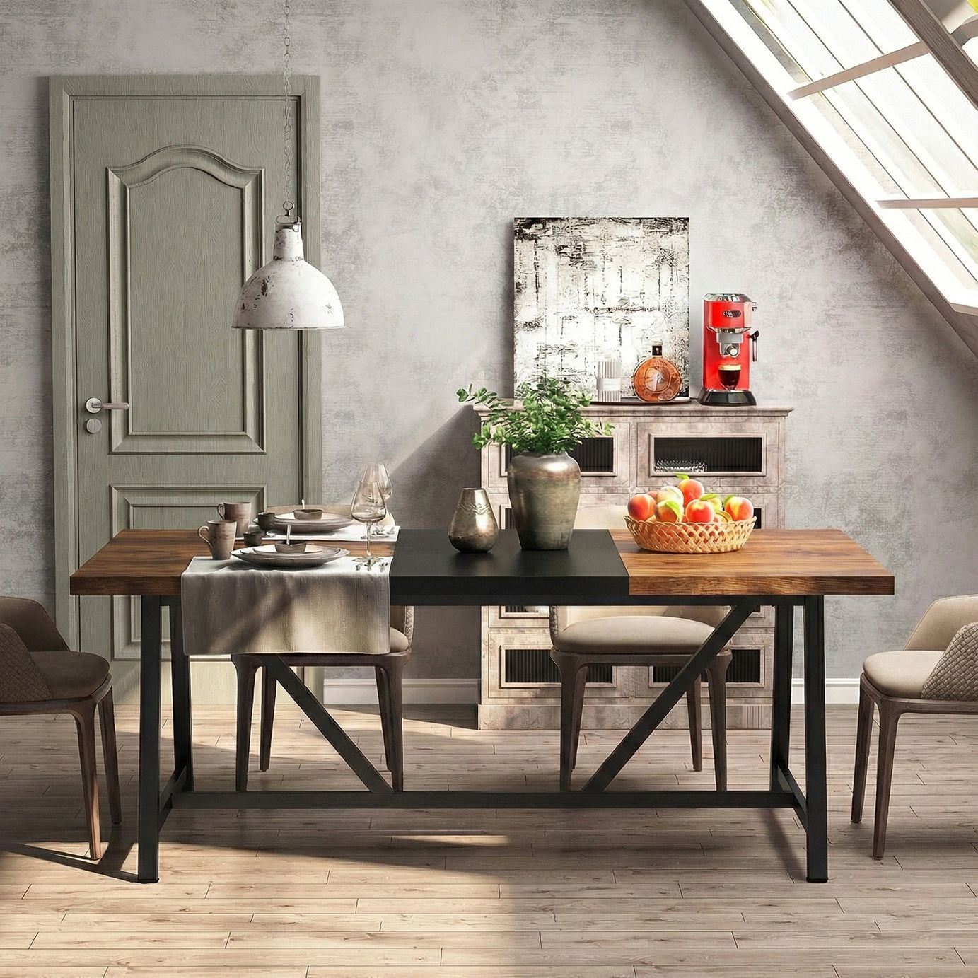 Klaxon Modern Dining Table for 6 Seater | Wooden Finish Dining Table with Sturdy Black Metal Legs | Contemporary Dining Table for Home, Kitchen & Dining Room