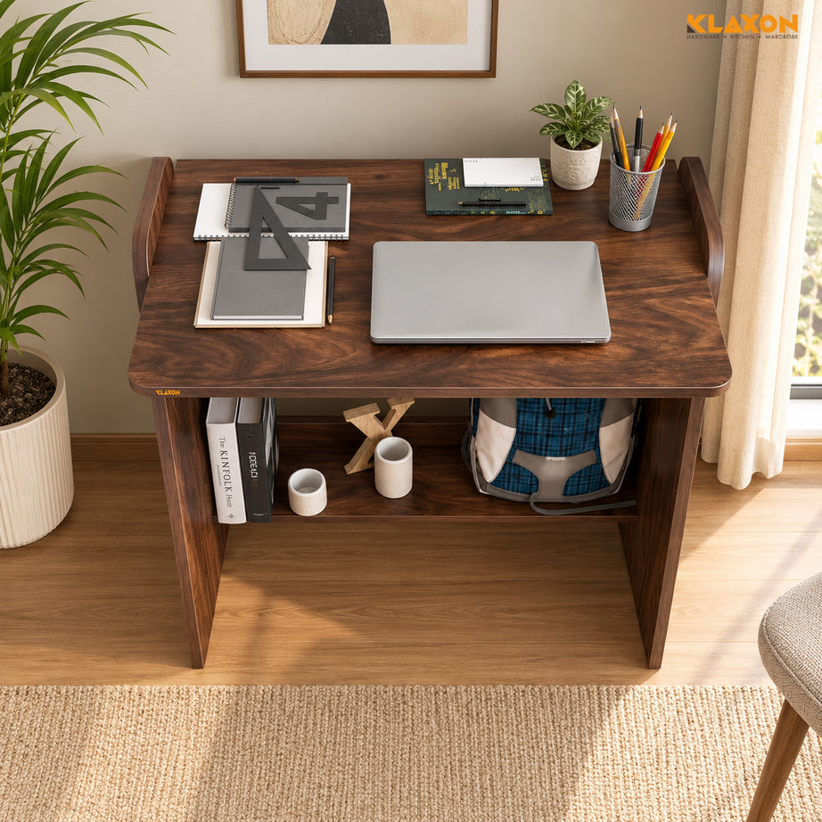 Klaxon Foldable Study Table with Drawer & Storage Shelf | Compact Desk for Home & Students | Folding Design with Lockable Wheels. (DIY Installation) (Asian walnut, Eros)
