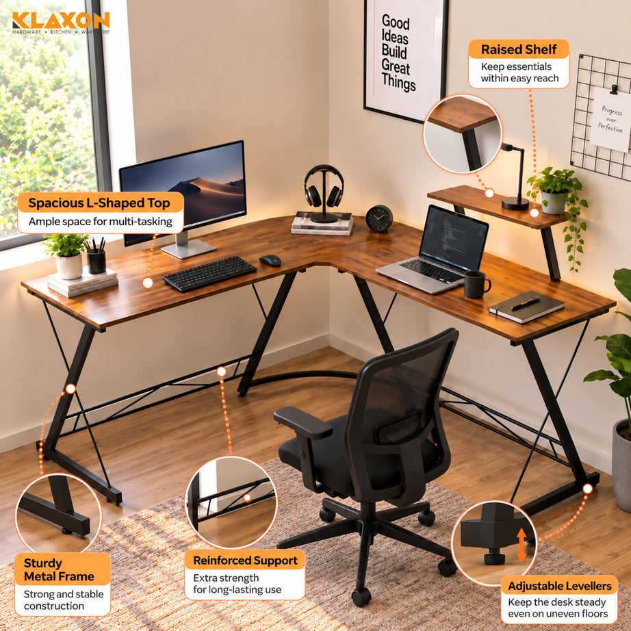 Klaxon Workstation Table for Home Office - Versatile Desk for PC Setup - Big Computer/Ideal Study Tabel with Storage and Bookshelf - Modern Office Desk for Work