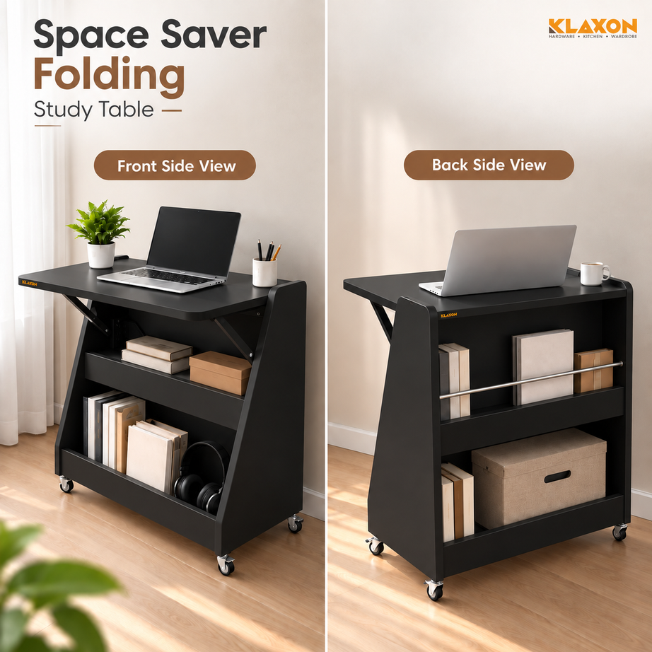Klaxon Foldable Study Table with Drawer & Storage Shelf | Compact Desk for Home & Students | Folding Design with Lockable Wheels. (Black, DIY Installation) (Black- New, Mylo)