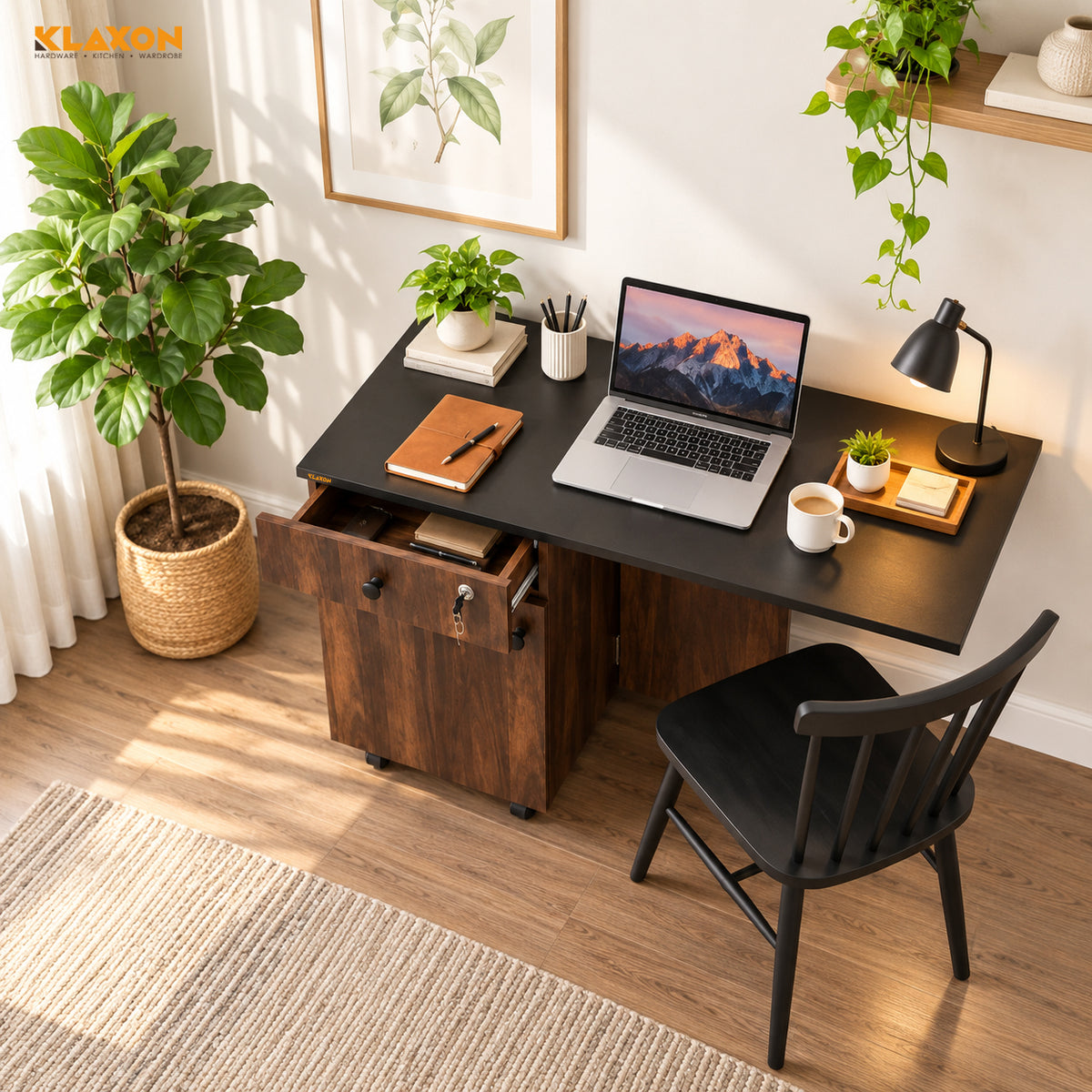 Klaxon Foldable Study Table with Drawer & Storage Shelf | Compact Desk for Home & Students | Folding Design with Lockable Wheels. (DIY Installation) (Aw & Black, Kora)