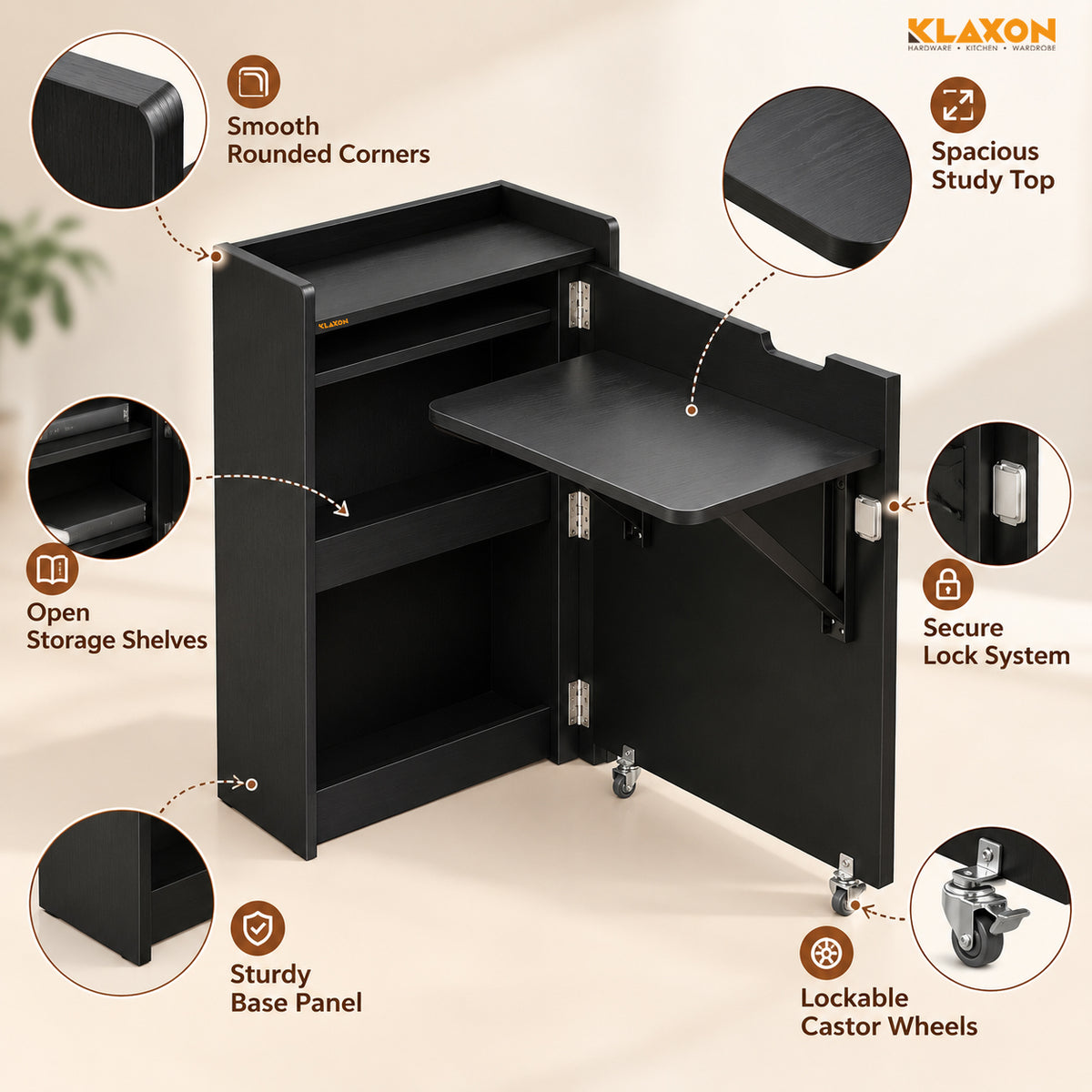 Klaxon Foldable Study Table with Drawer & Storage Shelf | Compact Desk for Home & Students | Folding Design with Lockable Wheels. (Black, DIY Installation)