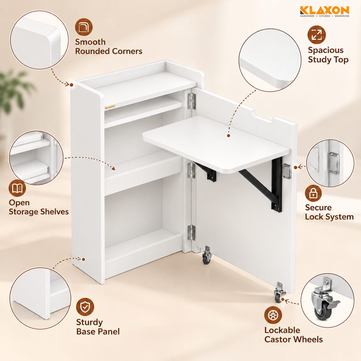Klaxon Foldable Study Table with Drawer & Storage Shelf | Compact Desk for Home & Students | Folding Design with Lockable Wheels. (White, DIY Installation)