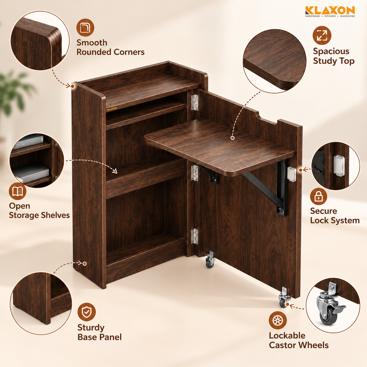 Klaxon Foldable Study Table with Drawer & Storage Shelf | Compact Desk for Home & Students | Folding Design with Lockable Wheels. (DIY Installation) (Asian walnut)