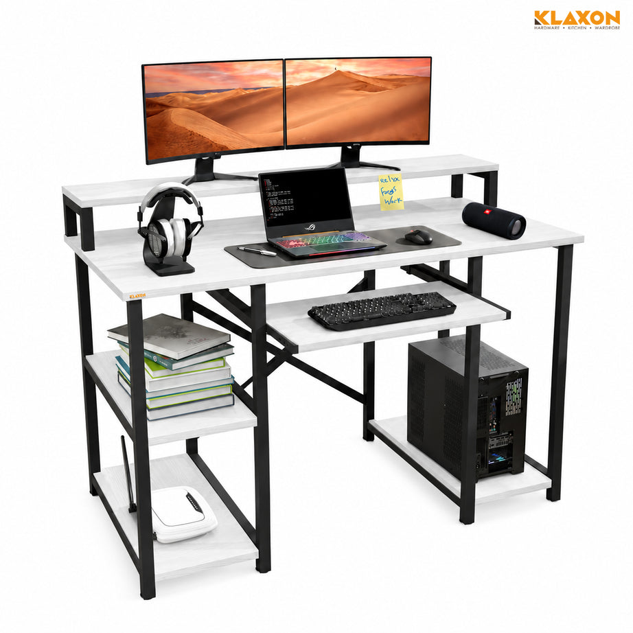 Klaxon Computer Table for Home Office with Keyboard Tray and Monitor Stand, Engineered Wood Study Table and Gaming Desk with Storage Shelves (150 CM - White DIY)