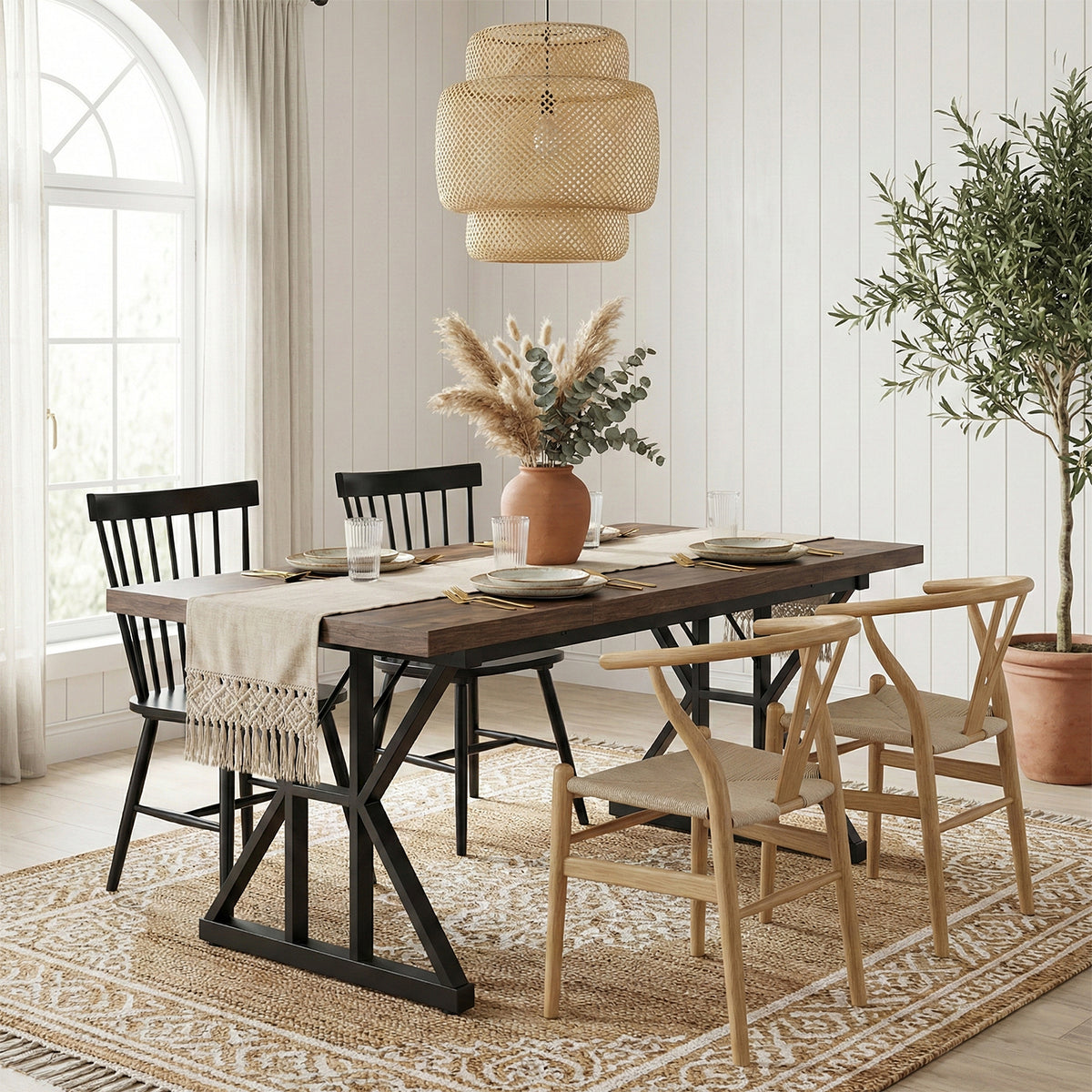 Klaxon Modern Dining Table for 6 Seater | Wooden Finish Dining Table with Sturdy White Metal Legs | Contemporary Dining Table for Home, Kitchen & Dining Room