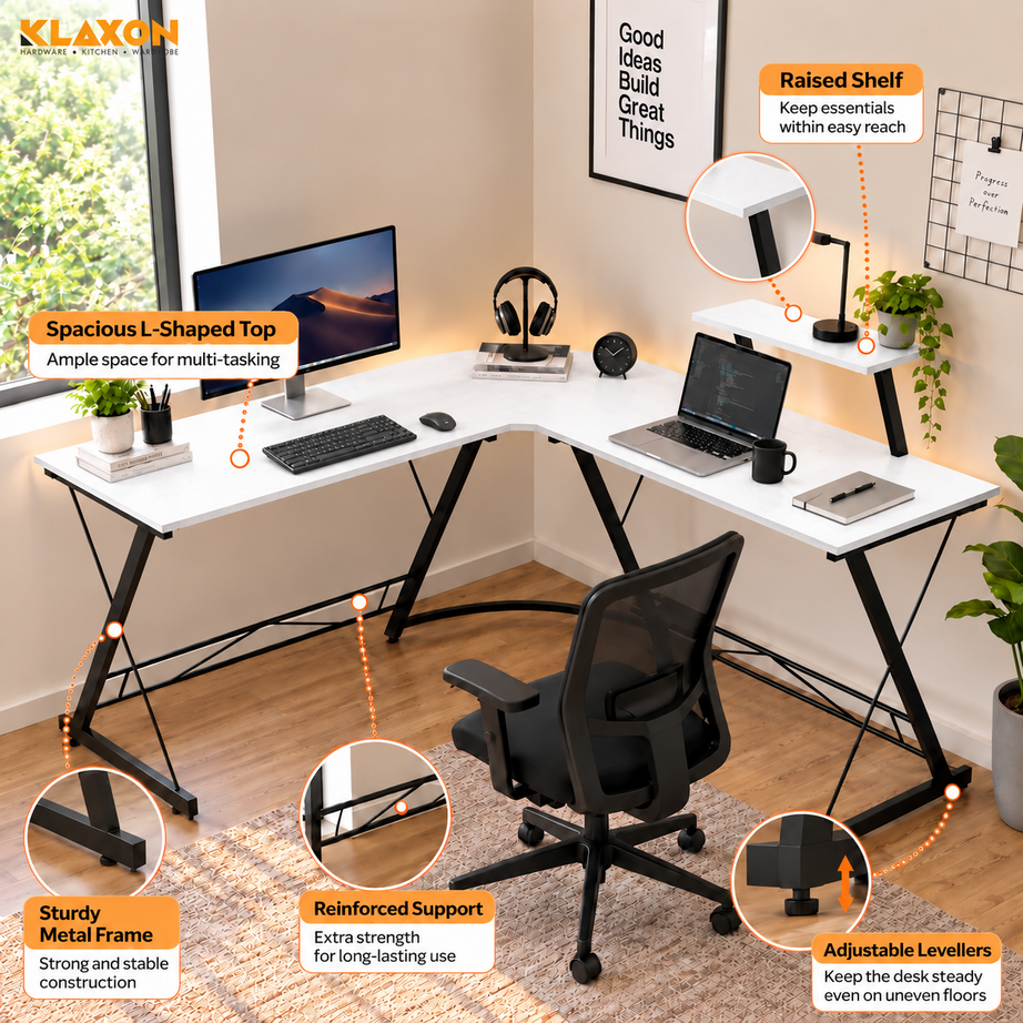 Klaxon Office Table for Home | Workstation Table Desk (White - Christo) (Gaming Ironstone White DIY)