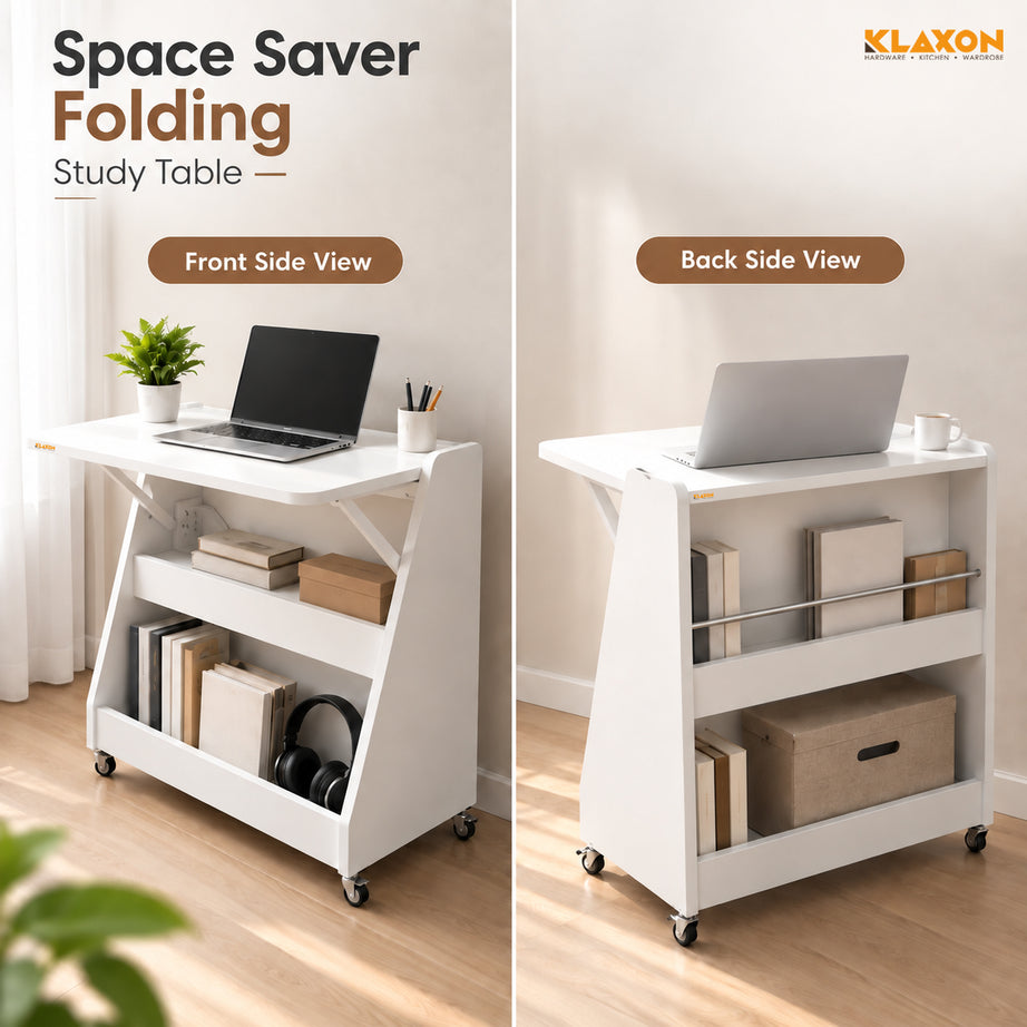 Klaxon Foldable Study Table with Drawer & Storage Shelf | Compact Desk for Home & Students | Folding Design with Lockable Wheels (DIY Installation) (White, Mylo)