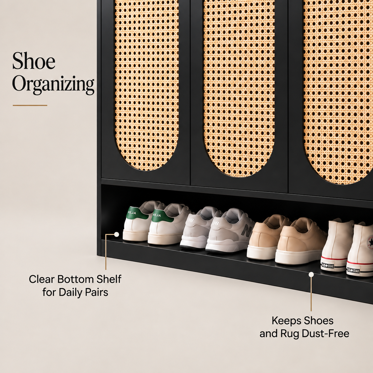 Klaxon Modern Shoe Cabinet with Cane Doors | Stylish Wooden Shoe Rack Organizer with Multiple Storage Shelves for Home Entryway (Black, Shoe Rack - 08)
