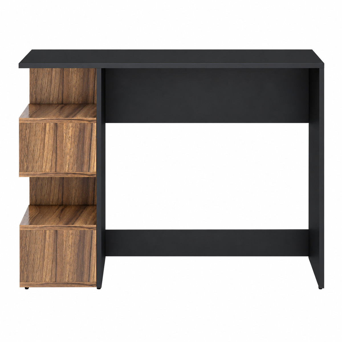KLAXON Computer Table & Study Desk for Home & Office | Modern Black & Asian Walnut Engineered Wood Laptop Table with 4-Tier Open Bookshelf | Multipurpose Writing Desk & Workstation with Storage