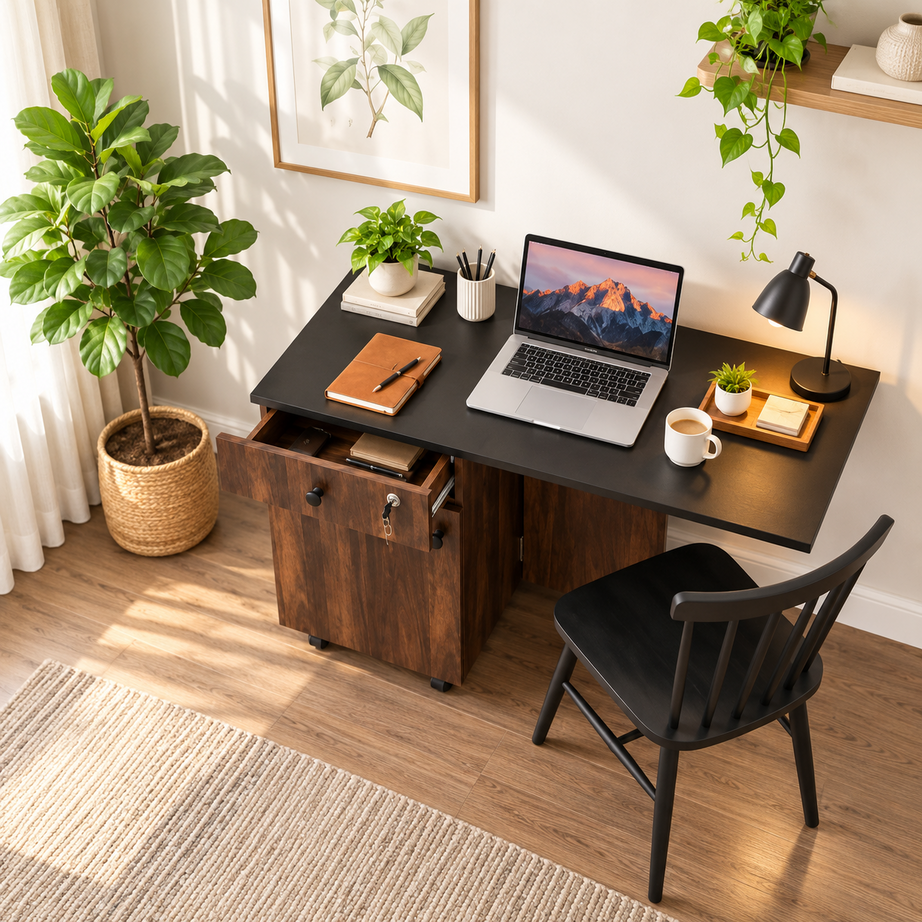Klaxon Foldable Study Table with Drawer & Storage Shelf | Compact Desk for Home & Students | Folding Design with Lockable Wheels. (DIY Installation) (Aw & Black, Kora)