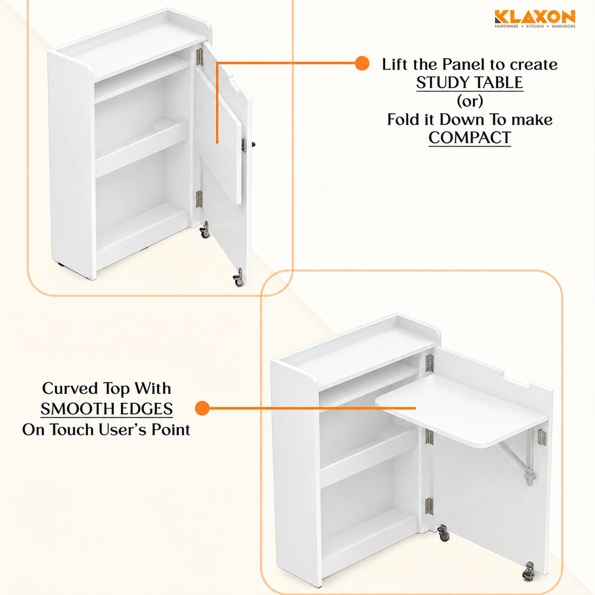 Klaxon Foldable Study Table with Drawer & Storage Shelf | Compact Desk for Home & Students | Folding Design with Lockable Wheels. (White, DIY Installation)