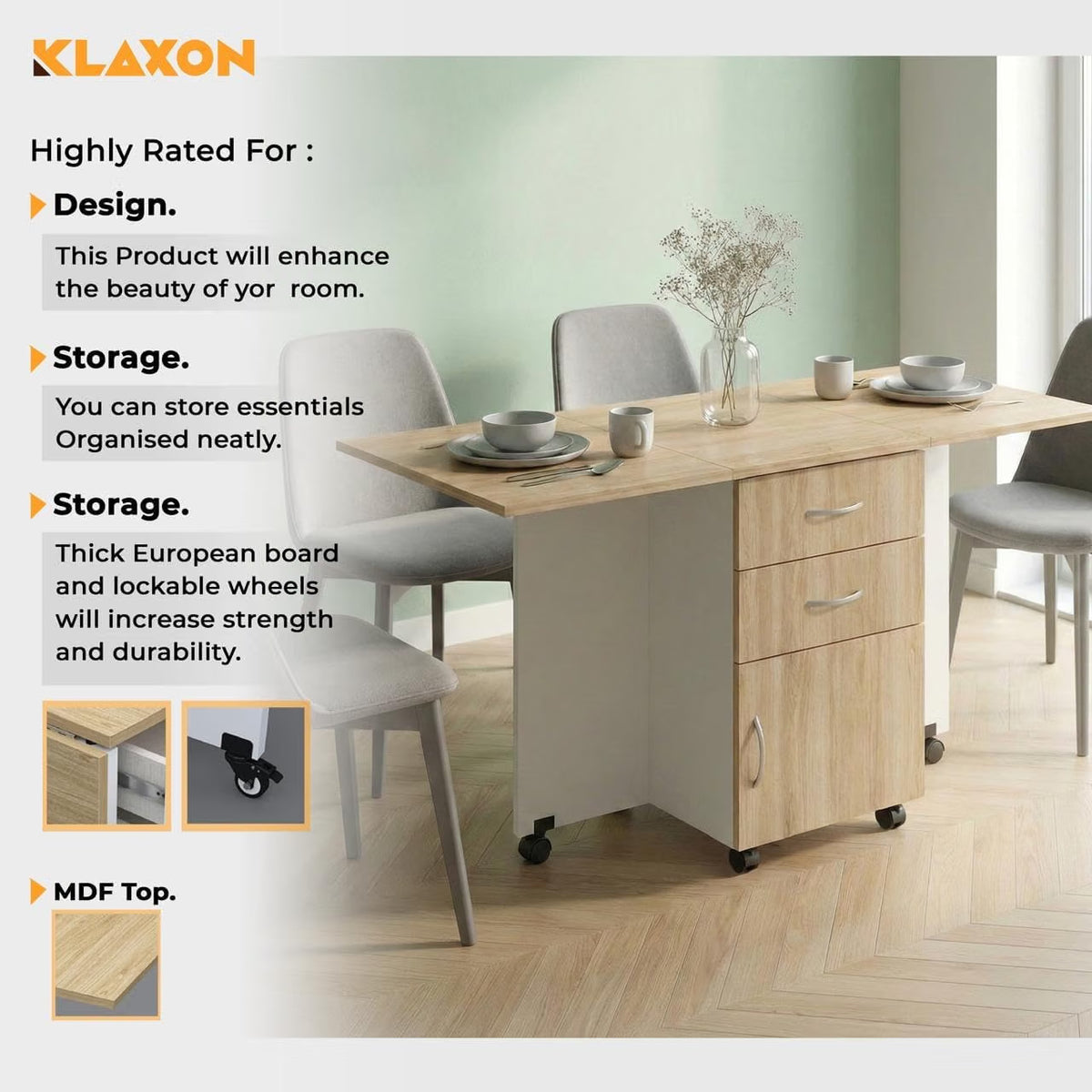 Klaxon Foldable Dining Table [6] Seater with Metal Legs, Space-Saving Convertible Table, Engineered Wood, Home Dining Room (AW & Black, Kryo) (Oak & White)