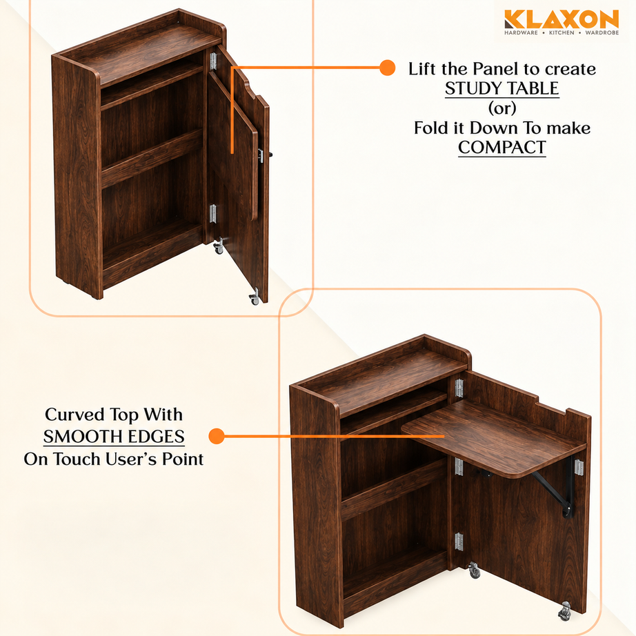 Klaxon Foldable Study Table with Drawer & Storage Shelf | Compact Desk for Home & Students | Folding Design with Lockable Wheels. (DIY Installation) (Asian walnut)
