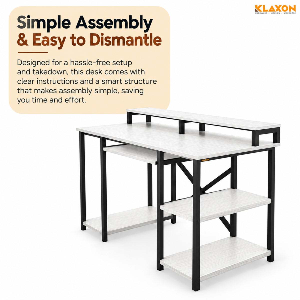 Klaxon Computer Table for Home Office with Keyboard Tray and Monitor Stand, Engineered Wood Study Table and Gaming Desk with Storage Shelves (120 CM - White DIY)