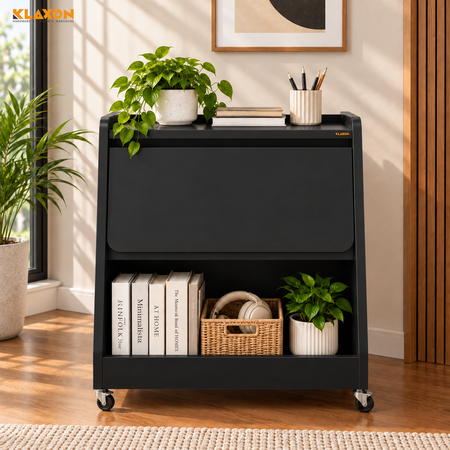 Klaxon Foldable Study Table with Drawer & Storage Shelf | Compact Desk for Home & Students | Folding Design with Lockable Wheels. (Black, DIY Installation) (Black- New, Mylo)