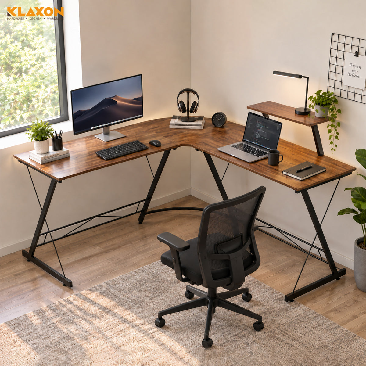 Klaxon Workstation Table for Home Office - Versatile Desk for PC Setup - Big Computer/Ideal Study Tabel with Storage and Bookshelf - Modern Office Desk for Work