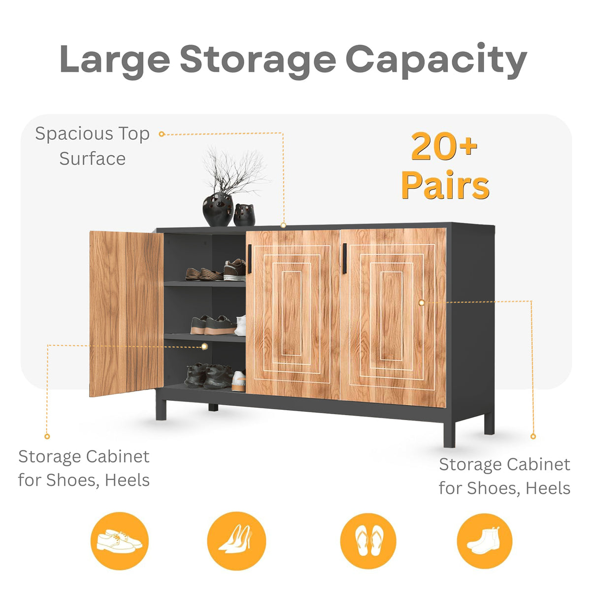 Klaxon Modern Shoe Cabinet with Cane Doors | Stylish Wooden Shoe Rack Organizer with Multiple Storage Shelves for Home Entryway (Oak & Black, Shoe Rack - 06)