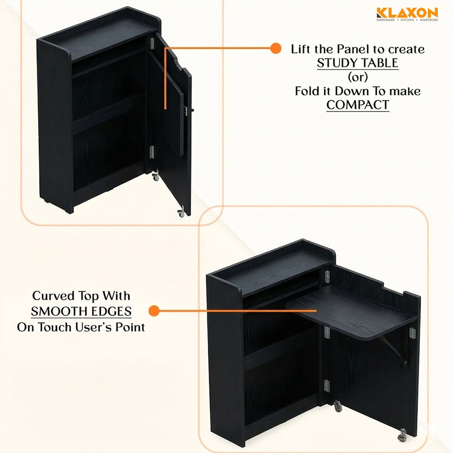 Klaxon Foldable Study Table with Drawer & Storage Shelf | Compact Desk for Home & Students | Folding Design with Lockable Wheels. (Black, DIY Installation)