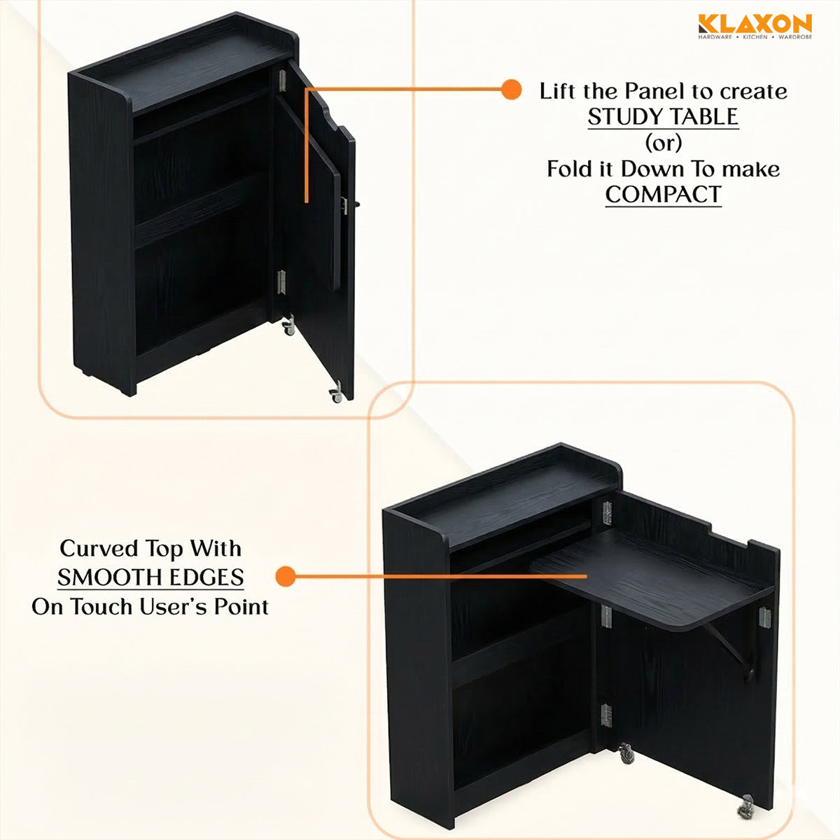 Klaxon Foldable Study Table with Drawer & Storage Shelf | Compact Desk for Home & Students | Folding Design with Lockable Wheels. (Black, DIY Installation)