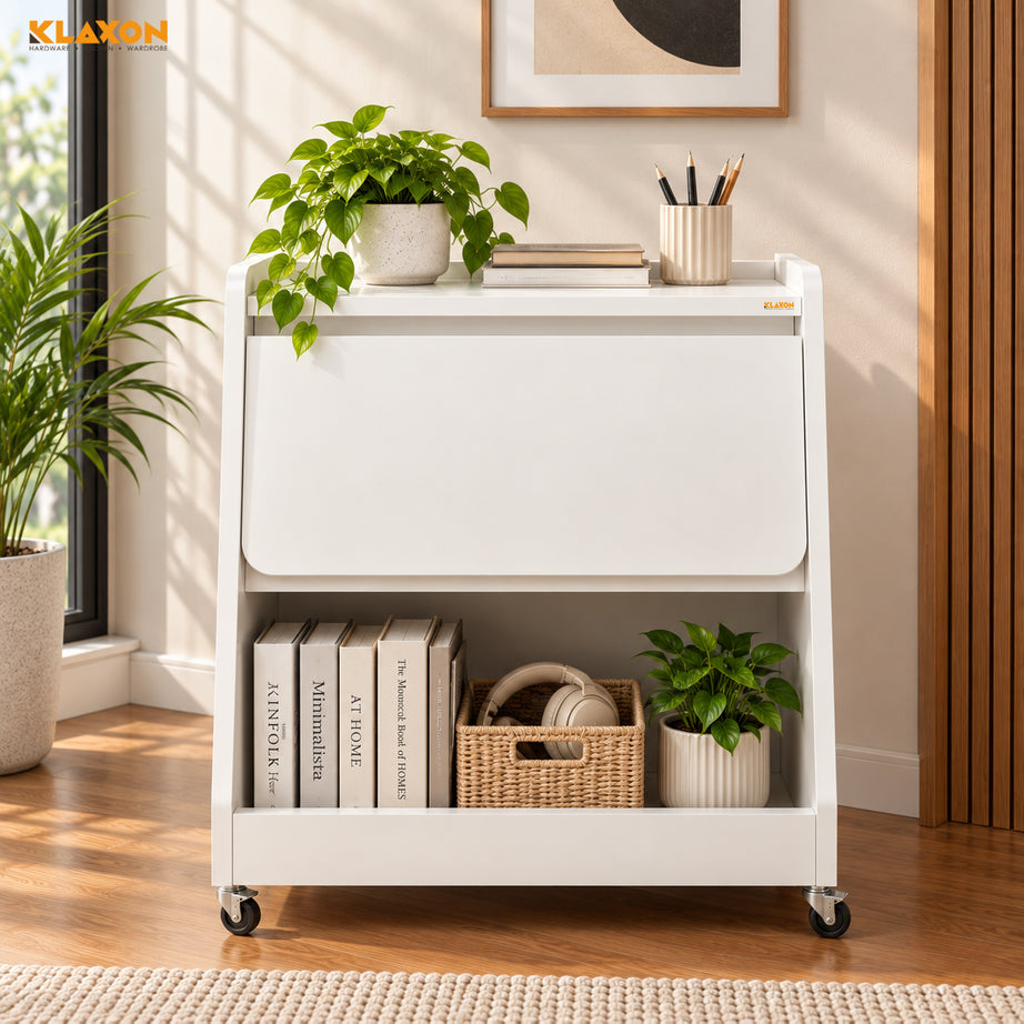Klaxon Foldable Study Table with Drawer & Storage Shelf | Compact Desk for Home & Students | Folding Design with Lockable Wheels (DIY Installation) (White, Mylo)