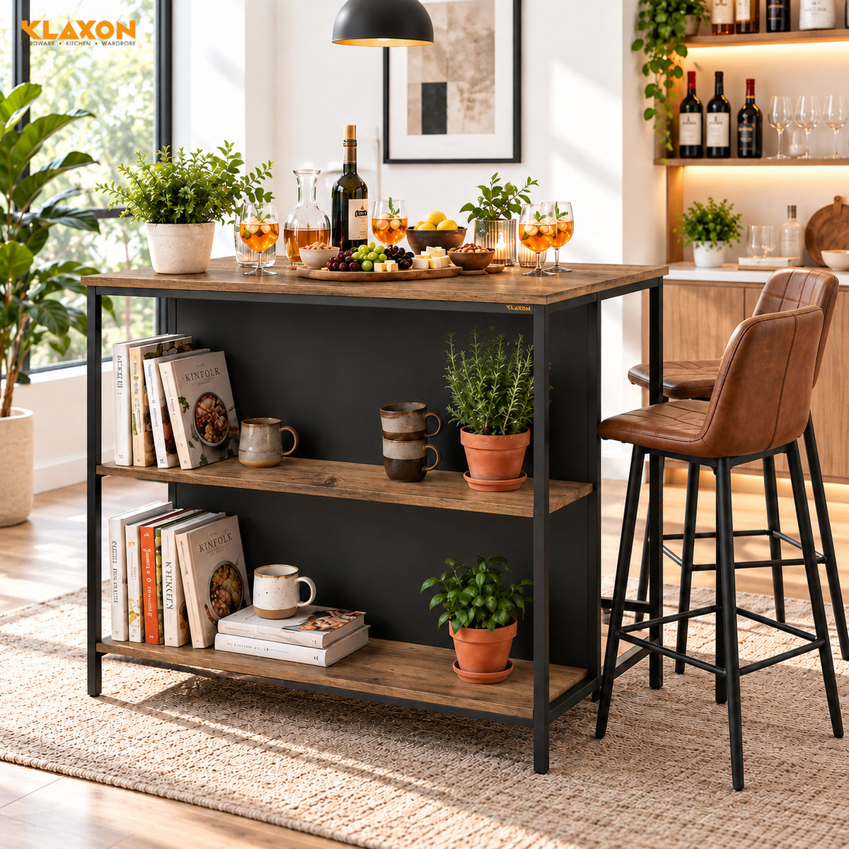 Klaxon Modern Bar Table with Foldable Wine Rack, Counter Height Pub Bistro Table for Kitchen & Dining Area, Forest Dark (DIY Installation)