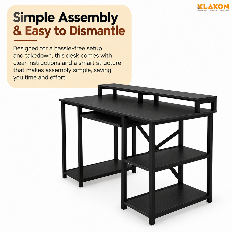 Klaxon Computer Table for Home Office with Keyboard Tray and Monitor Stand, Engineered Wood Study Table and Gaming Desk with Storage Shelves ( DIY )