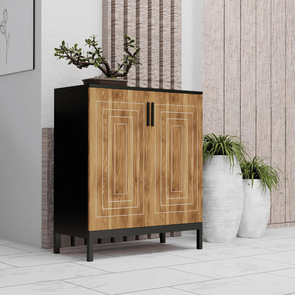 KLAXON Cane-Door Shoe Cabinet – Oak & Black