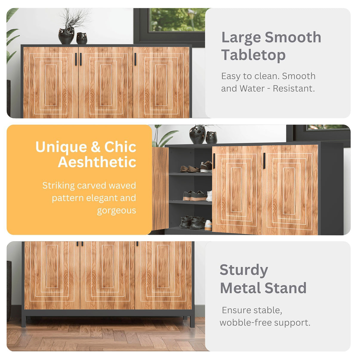 Klaxon Modern Shoe Cabinet with Cane Doors | Stylish Wooden Shoe Rack Organizer with Multiple Storage Shelves for Home Entryway (Oak & Black, Shoe Rack - 06)