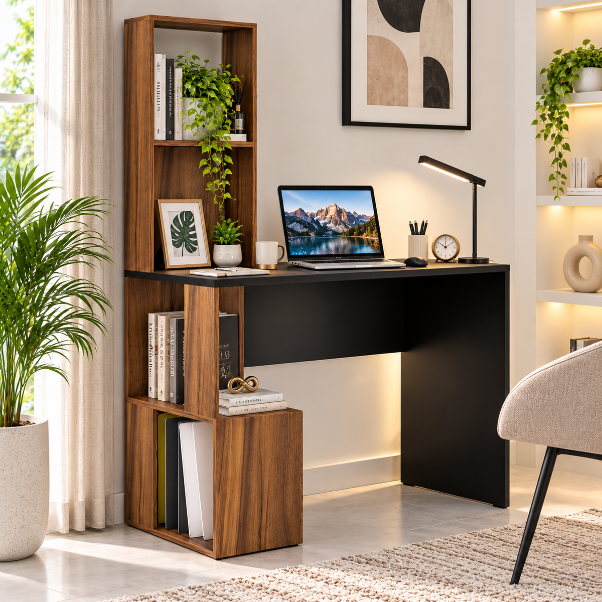 KLAXON Modern Computer Desk & Study Table with Bookshelf Storage | Wooden Home Office Workstation with Spacious Tabletop & Open Shelves | Laptop, Writing & Gaming Desk for Home & Office | Black & Asian Walnut Finish