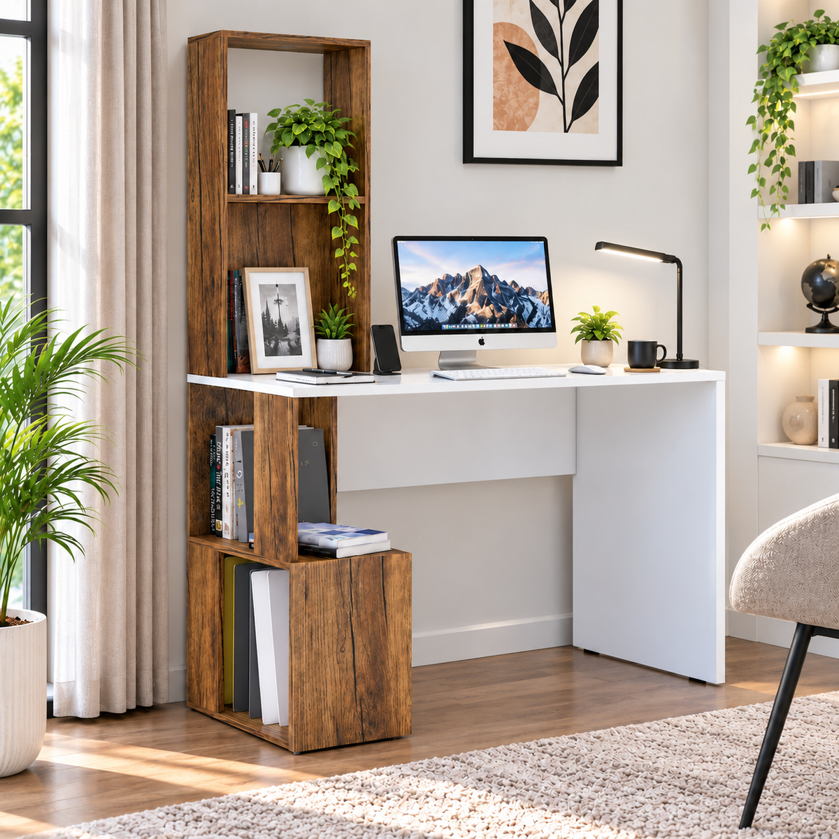 KLAXON Modern Computer Desk & Study Table with Bookshelf Storage | Wooden Home Office Workstation with Spacious Tabletop & Open Shelves | Laptop, Writing & Gaming Desk for Home & Office | White & Forest Dark Finish