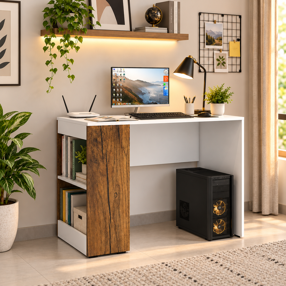
KLAXON Computer Table & Study Desk for Home & Office | Modern White & Forest Dark Engineered Wood Desk with Side Bookshelf & Storage Shelves | Multipurpose Laptop Table, Writing Desk & Workstation