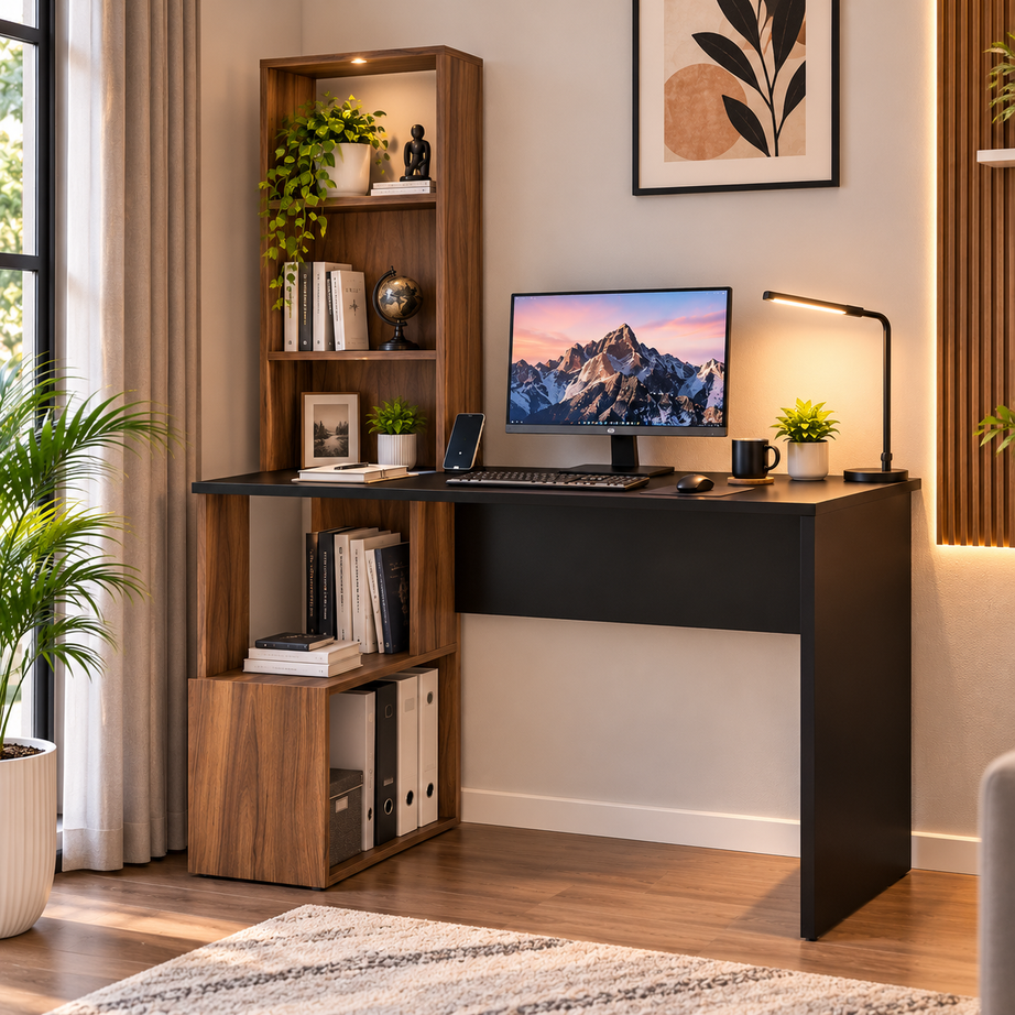 
KLAXON Modern Computer Desk & Study Table with Bookshelf Storage | Wooden Home Office Workstation with Spacious Tabletop & Open Shelves | Laptop, Writing & Gaming Desk for Home & Office | Black & Asian Walnut Finish