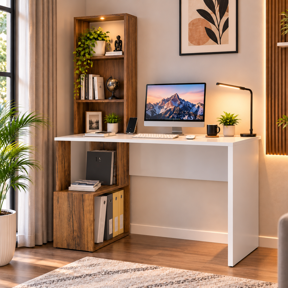 
KLAXON Modern Computer Desk & Study Table with Bookshelf Storage | Wooden Home Office Workstation with Spacious Tabletop & Open Shelves | Laptop, Writing & Gaming Desk for Home & Office | White & Forest Dark Finish