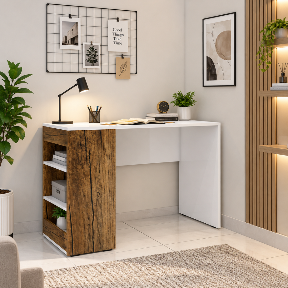 
KLAXON Study Table for Home & Office | Modern White &  Forest Dark  Computer Desk with Bookshelf & Storage Shelves | Engineered Wood Writing Table, Laptop Desk & Workstation for Students and Professionals